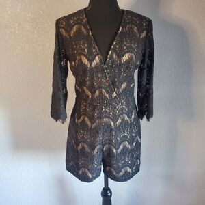 Gianni Bini V-Neck 3/4 Sleeve Nude with Black Lace Romper Size M